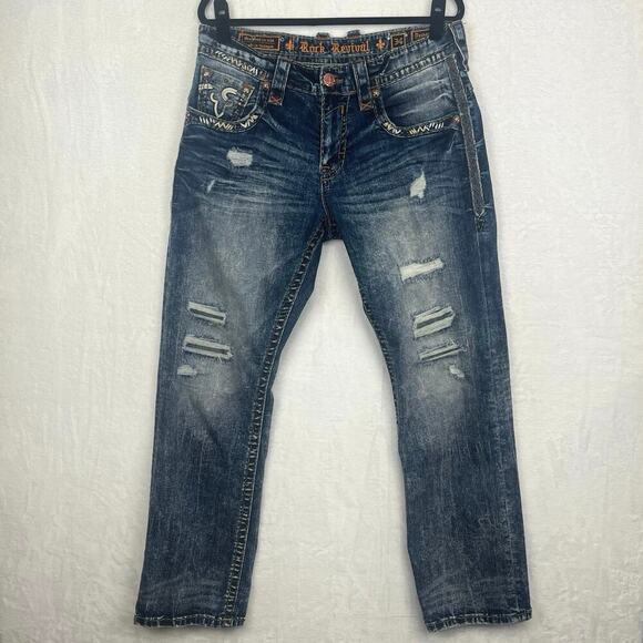 Rock Revival Other - Rock Revival Dashaw Straight Jeans Men’s 34x30.5 Distressed Blue Thick Stitch